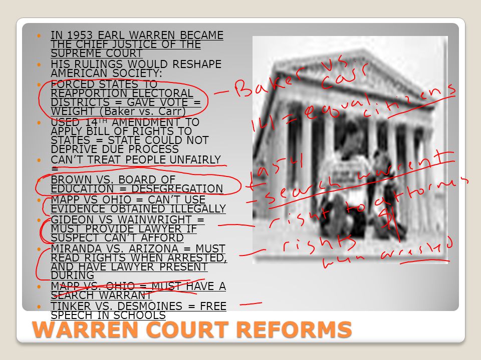 WARREN COURT REFORMS IN 1953 EARL WARREN BECAME THE CHIEF JUSTICE OF THE SUPREME COURT HIS RULINGS WOULD RESHAPE AMERICAN SOCIETY: FORCED STATES TO REAPPORTION ELECTORAL DISTRICTS = GAVE VOTE = WEIGHT (Baker vs.