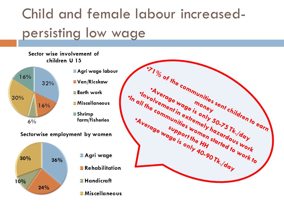 Child and female labour increased- persisting low wage 71% of the communities sent children to earn money Average wage is only Tk./day Involvement in extremely hazardous work In all the communities women started to work to support the HH Average wage is only Tk./day