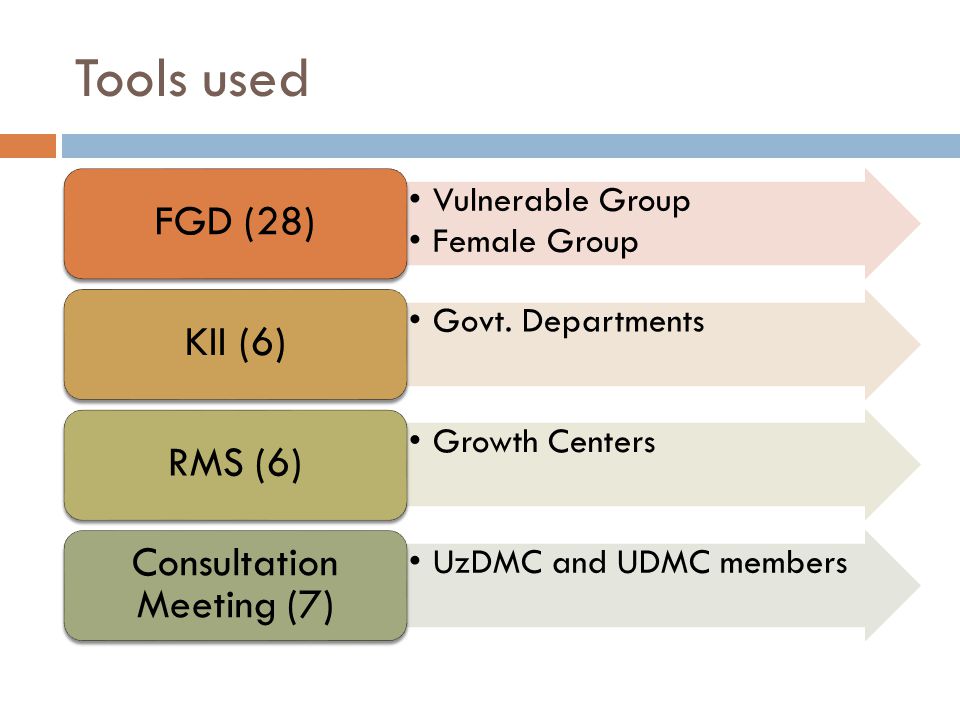 Tools used Vulnerable Group Female Group FGD (28) Govt.