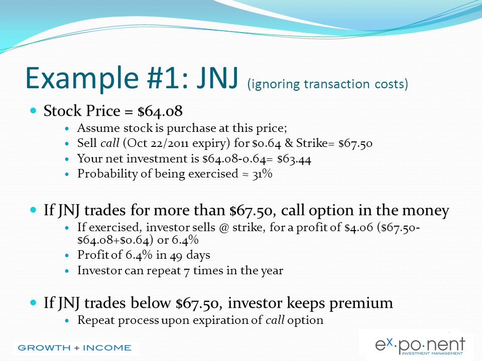 Example #1: JNJ (ignoring transaction costs) Stock Price = $64.08 Assume stock is purchase at this price; Sell call (Oct 22/2011 expiry) for $0.64 & Strike= $67.50 Your net investment is $ = $63.44 Probability of being exercised ≈ 31% If JNJ trades for more than $67.50, call option in the money If exercised, investor strike, for a profit of $4.06 ($ $64.08+$0.64) or 6.4% Profit of 6.4% in 49 days Investor can repeat 7 times in the year If JNJ trades below $67.50, investor keeps premium Repeat process upon expiration of call option
