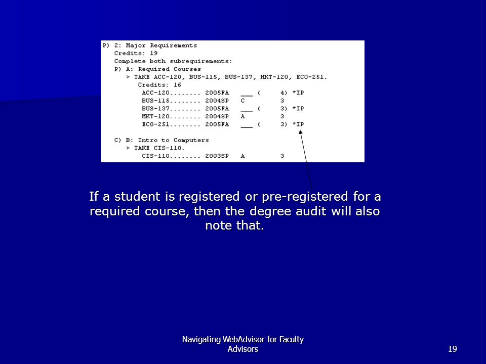 Navigating WebAdvisor for Faculty Advisors19 If a student is registered or pre-registered for a required course, then the degree audit will also note that.