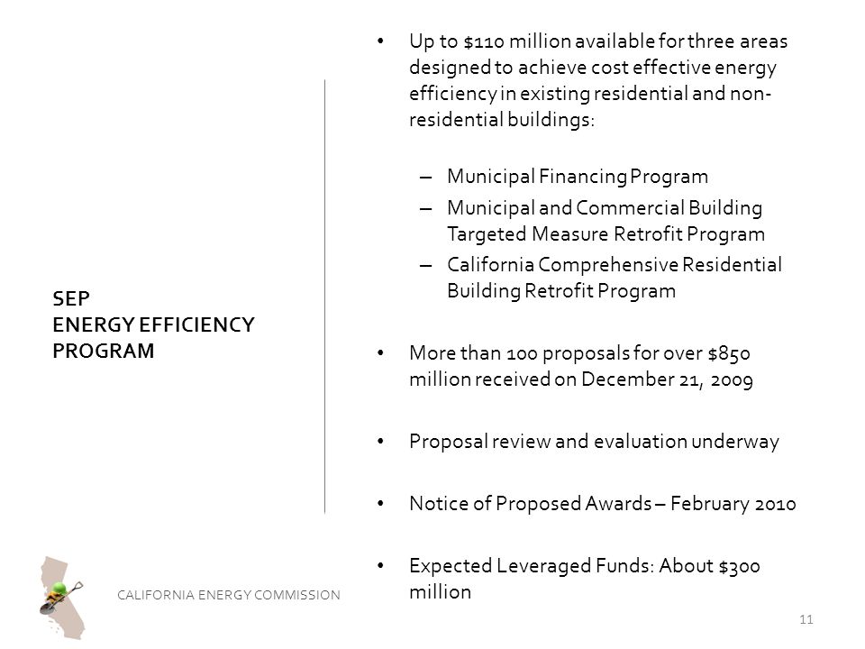 SEP ENERGY EFFICIENCY PROGRAM Up to $110 million available for three areas designed to achieve cost effective energy efficiency in existing residential and non- residential buildings: – Municipal Financing Program – Municipal and Commercial Building Targeted Measure Retrofit Program – California Comprehensive Residential Building Retrofit Program More than 100 proposals for over $850 million received on December 21, 2009 Proposal review and evaluation underway Notice of Proposed Awards – February 2010 Expected Leveraged Funds: About $300 million CALIFORNIA ENERGY COMMISSION 11