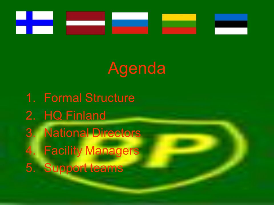 Agenda 1.Formal Structure 2.HQ Finland 3.National Directors 4.Facility Managers 5.Support teams