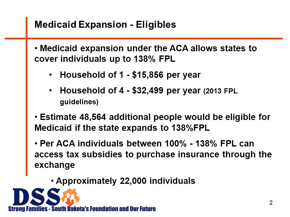 2 Medicaid Expansion - Eligibles Medicaid expansion under the ACA allows states to cover individuals up to 138% FPL Household of 1 - $15,856 per year Household of 4 - $32,499 per year (2013 FPL guidelines) Estimate 48,564 additional people would be eligible for Medicaid if the state expands to 138%FPL Per ACA individuals between 100% - 138% FPL can access tax subsidies to purchase insurance through the exchange Approximately 22,000 individuals