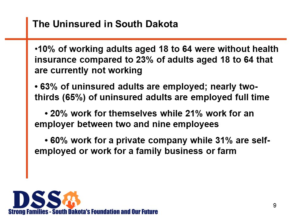 9 The Uninsured in South Dakota 10% of working adults aged 18 to 64 were without health insurance compared to 23% of adults aged 18 to 64 that are currently not working 63% of uninsured adults are employed; nearly two- thirds (65%) of uninsured adults are employed full time 20% work for themselves while 21% work for an employer between two and nine employees 60% work for a private company while 31% are self- employed or work for a family business or farm
