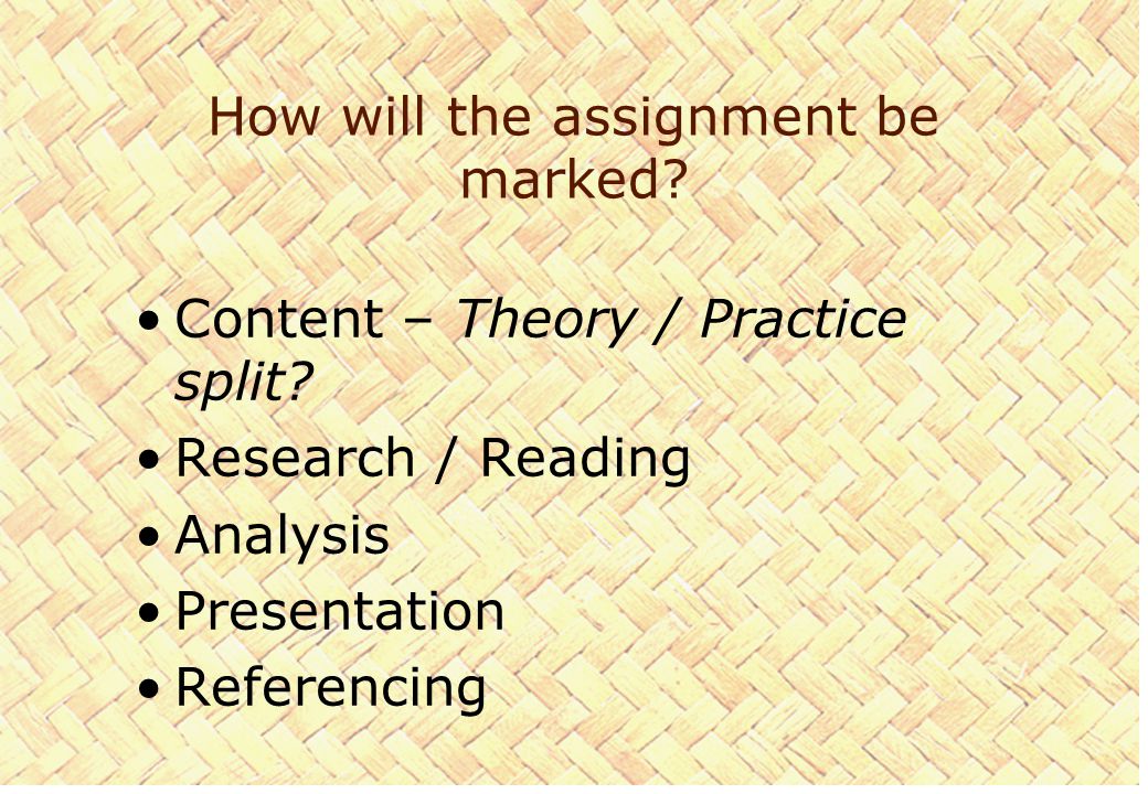 How will the assignment be marked. Content – Theory / Practice split.