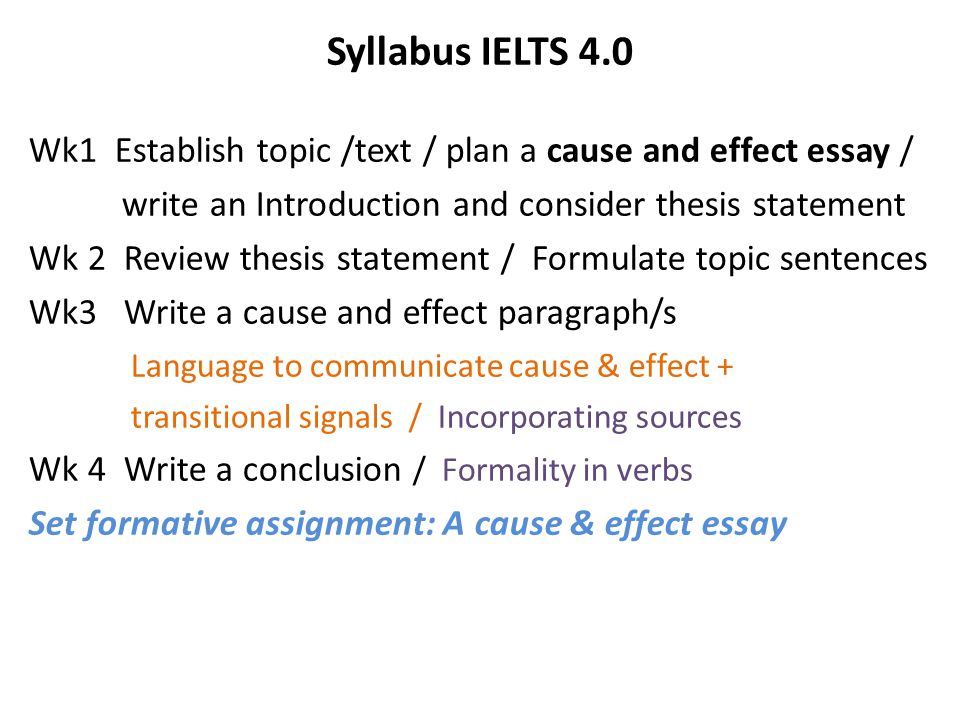 Syllabus IELTS 4.0 Wk1 Establish topic /text / plan a cause and effect essay / write an Introduction and consider thesis statement Wk 2 Review thesis statement / Formulate topic sentences Wk3 Write a cause and effect paragraph/s Language to communicate cause & effect + transitional signals / Incorporating sources Wk 4 Write a conclusion / Formality in verbs Set formative assignment: A cause & effect essay