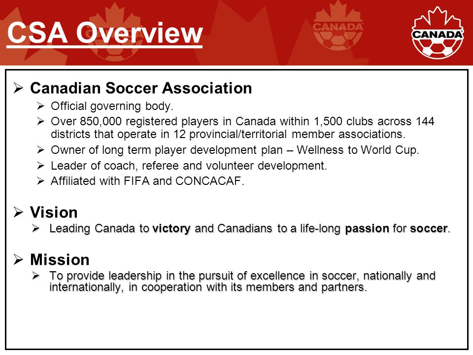  Canadian Soccer Association  Official governing body.