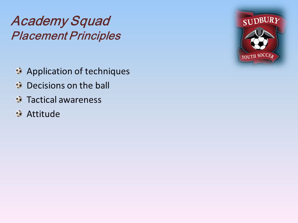 Academy Squad Placement Principles Application of techniques Decisions on the ball Tactical awareness Attitude