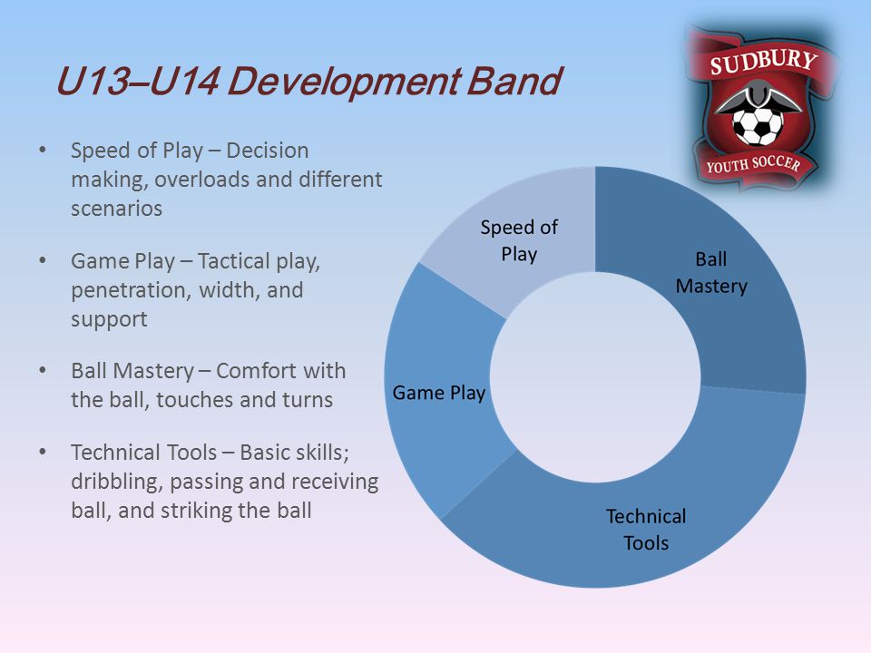 U13–U14 Development Band Speed of Play – Decision making, overloads and different scenarios Game Play – Tactical play, penetration, width, and support Ball Mastery – Comfort with the ball, touches and turns Technical Tools – Basic skills; dribbling, passing and receiving ball, and striking the ball
