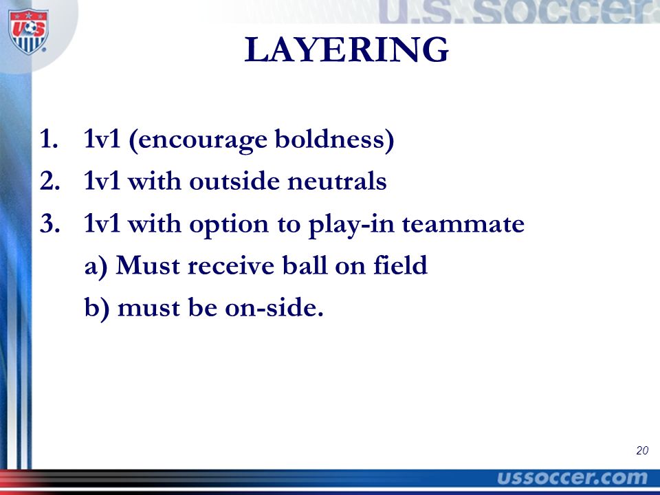 20 LAYERING 1.1v1 (encourage boldness) 2.1v1 with outside neutrals 3.1v1 with option to play-in teammate a) Must receive ball on field b) must be on-side.