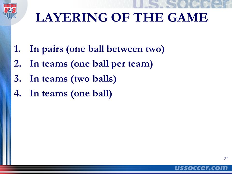 31 LAYERING OF THE GAME 1.In pairs (one ball between two) 2.In teams (one ball per team) 3.In teams (two balls) 4.In teams (one ball)