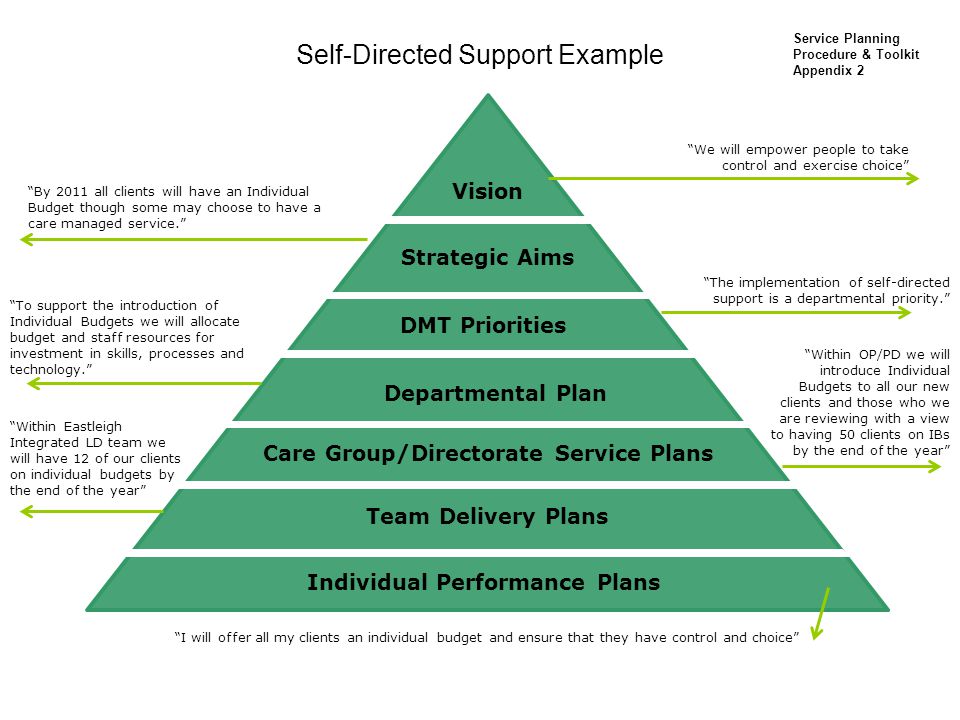 Self-Directed Support Example Vision Strategic Aims DMT Priorities Care Group/Directorate Service Plans Team Delivery Plans Individual Performance Plans Departmental Plan We will empower people to take control and exercise choice By 2011 all clients will have an Individual Budget though some may choose to have a care managed service. The implementation of self-directed support is a departmental priority. To support the introduction of Individual Budgets we will allocate budget and staff resources for investment in skills, processes and technology. Within OP/PD we will introduce Individual Budgets to all our new clients and those who we are reviewing with a view to having 50 clients on IBs by the end of the year Within Eastleigh Integrated LD team we will have 12 of our clients on individual budgets by the end of the year I will offer all my clients an individual budget and ensure that they have control and choice Service Planning Procedure & Toolkit Appendix 2