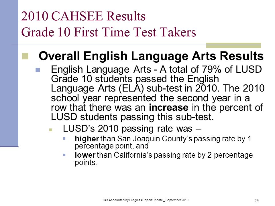 043 Accountability Progress Report Update _ September CAHSEE Results Grade 10 First Time Test Takers Overall English Language Arts Results English Language Arts - A total of 79% of LUSD Grade 10 students passed the English Language Arts (ELA) sub-test in 2010.