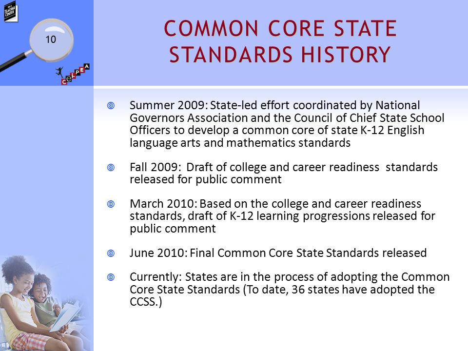 COMMON CORE STATE STANDARDS HISTORY  Summer 2009: State-led effort coordinated by National Governors Association and the Council of Chief State School Officers to develop a common core of state K-12 English language arts and mathematics standards  Fall 2009: Draft of college and career readiness standards released for public comment  March 2010: Based on the college and career readiness standards, draft of K-12 learning progressions released for public comment  June 2010: Final Common Core State Standards released  Currently: States are in the process of adopting the Common Core State Standards (To date, 36 states have adopted the CCSS.) 10