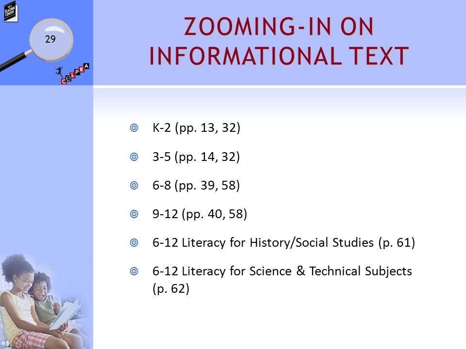 ZOOMING-IN ON INFORMATIONAL TEXT  K-2 (pp. 13, 32)  3-5 (pp.