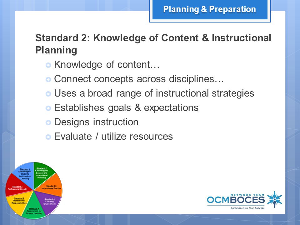 5 Standard 2: Knowledge of Content & Instructional Planning  Knowledge of content…  Connect concepts across disciplines…  Uses a broad range of instructional strategies  Establishes goals & expectations  Designs instruction  Evaluate / utilize resources Planning & Preparation