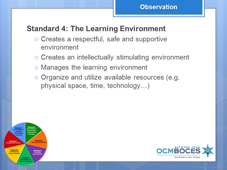 7 Standard 4: The Learning Environment  Creates a respectful, safe and supportive environment  Creates an intellectually stimulating environment  Manages the learning environment  Organize and utilize available resources (e.g.