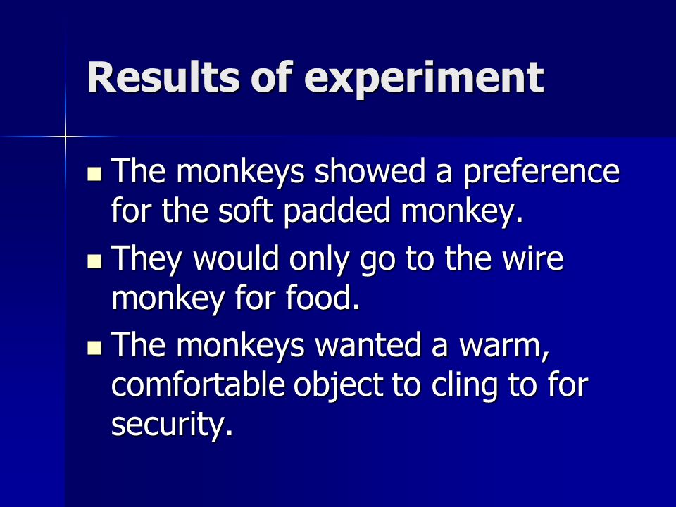 Results of experiment The monkeys showed a preference for the soft padded monkey.