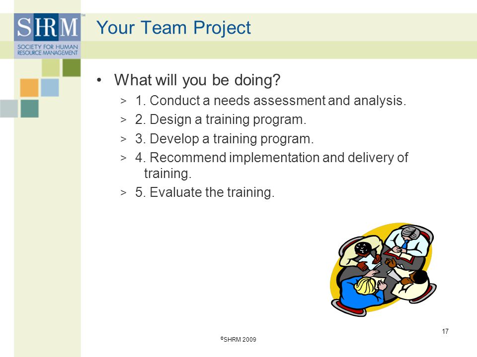 Your Team Project What will you be doing. > 1. Conduct a needs assessment and analysis.