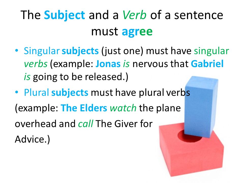 The Subject and a Verb of a sentence must agree Singular subjects (just one) must have singular verbs (example: Jonas is nervous that Gabriel is going to be released.) Plural subjects must have plural verbs (example: The Elders watch the plane overhead and call The Giver for Advice.)