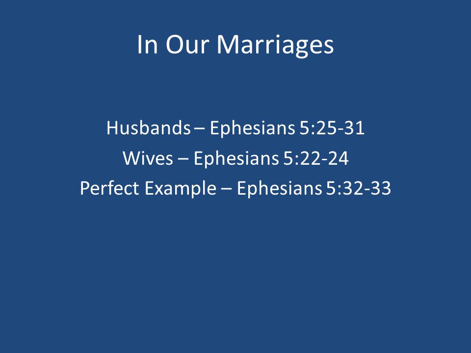 In Our Marriages Husbands – Ephesians 5:25-31 Wives – Ephesians 5:22-24 Perfect Example – Ephesians 5:32-33