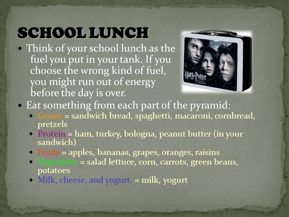 Think of your school lunch as the fuel you put in your tank.