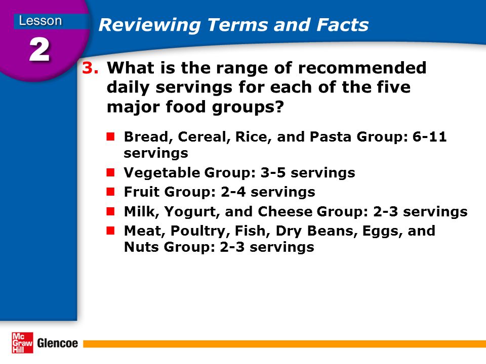 Reviewing Terms and Facts 3.What is the range of recommended daily servings for each of the five major food groups.