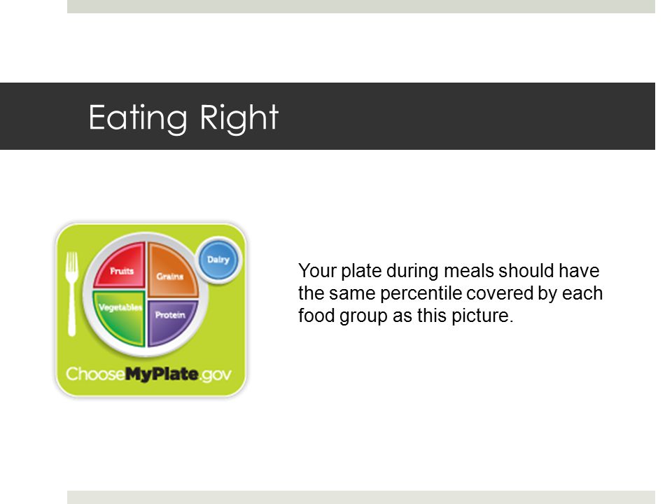 Eating Right Your plate during meals should have the same percentile covered by each food group as this picture.