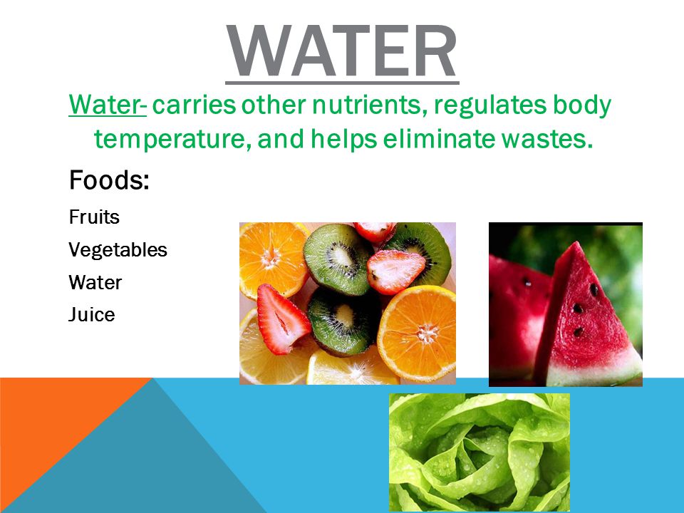 WATER Water- carries other nutrients, regulates body temperature, and helps eliminate wastes.