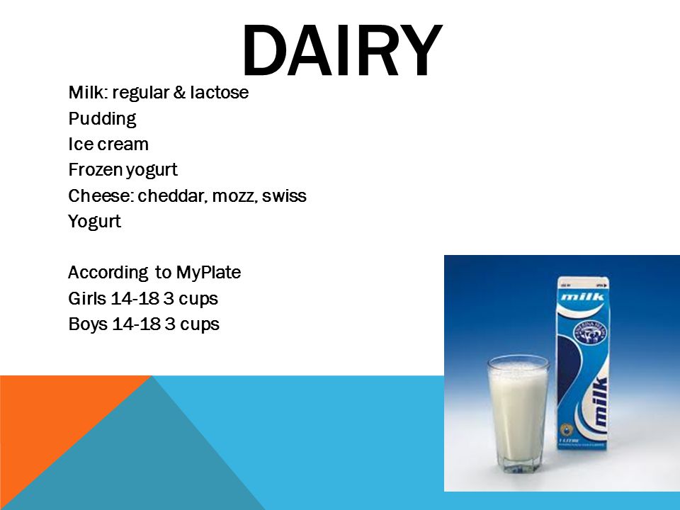 DAIRY Milk: regular & lactose Pudding Ice cream Frozen yogurt Cheese: cheddar, mozz, swiss Yogurt According to MyPlate Girls cups Boys cups