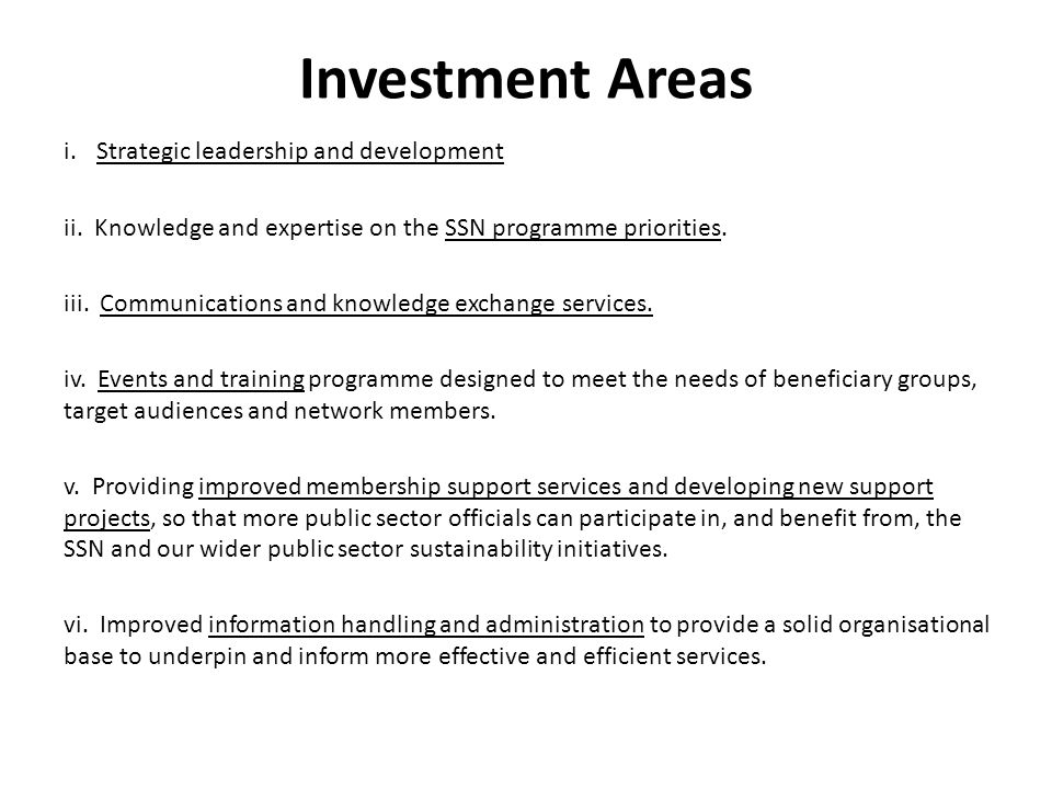 Investment Areas i.Strategic leadership and development ii.