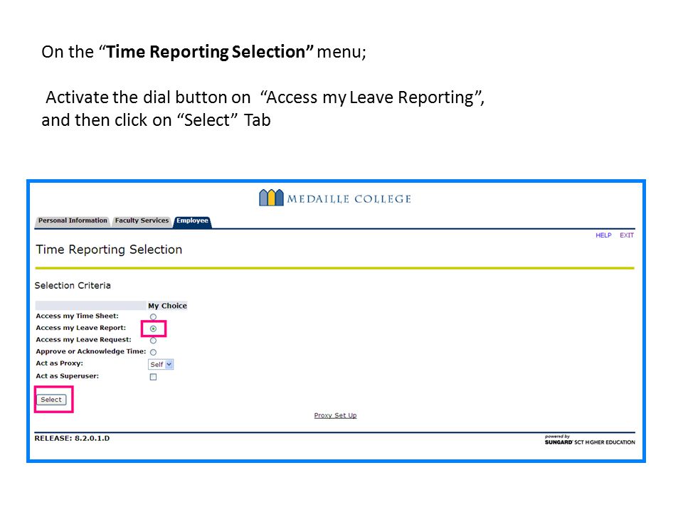 On the Time Reporting Selection menu; Activate the dial button on Access my Leave Reporting , and then click on Select Tab