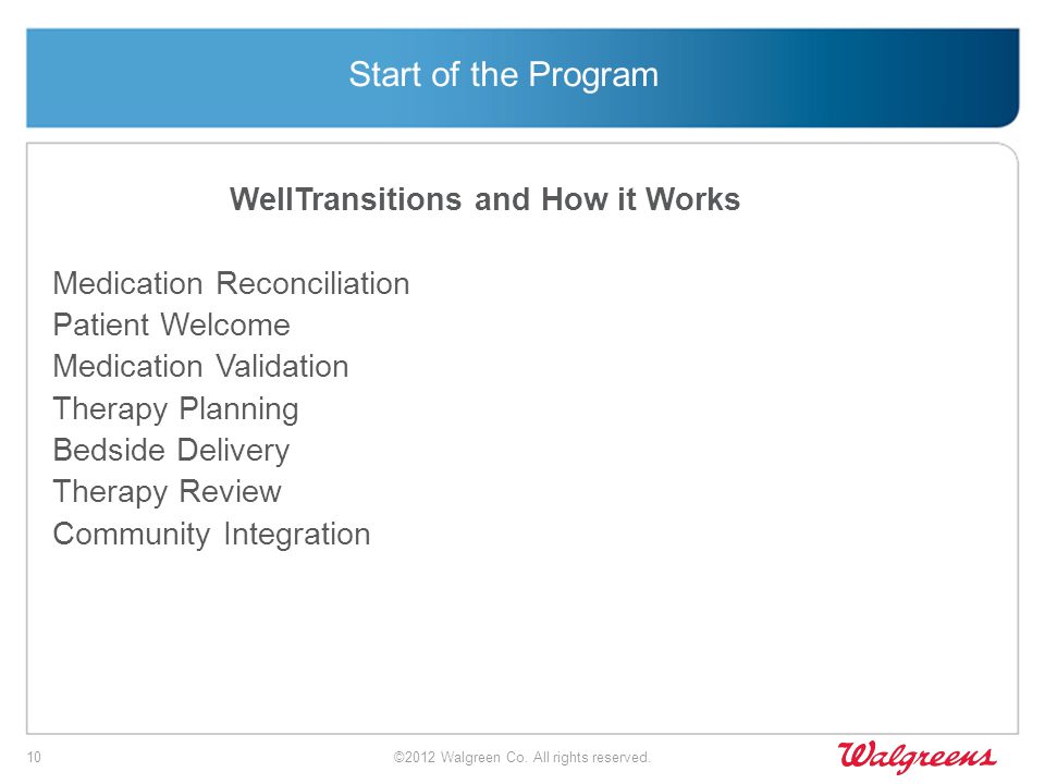 Start of the Program WellTransitions and How it Works Medication Reconciliation Patient Welcome Medication Validation Therapy Planning Bedside Delivery Therapy Review Community Integration ©2012 Walgreen Co.