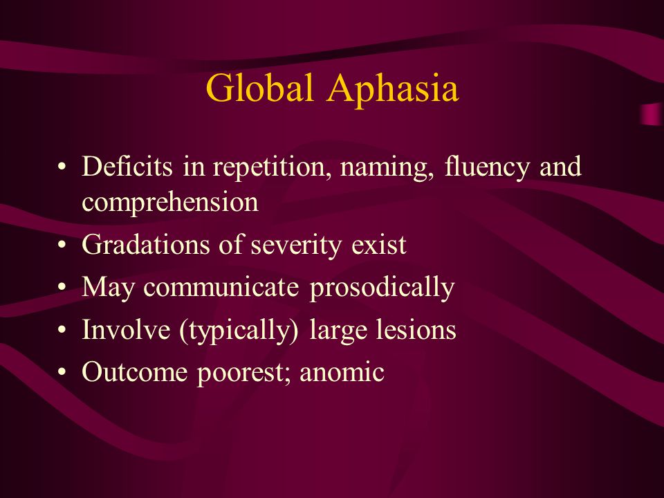 Global Aphasia Deficits in repetition, naming, fluency and comprehension Gradations of severity exist May communicate prosodically Involve (typically) large lesions Outcome poorest; anomic
