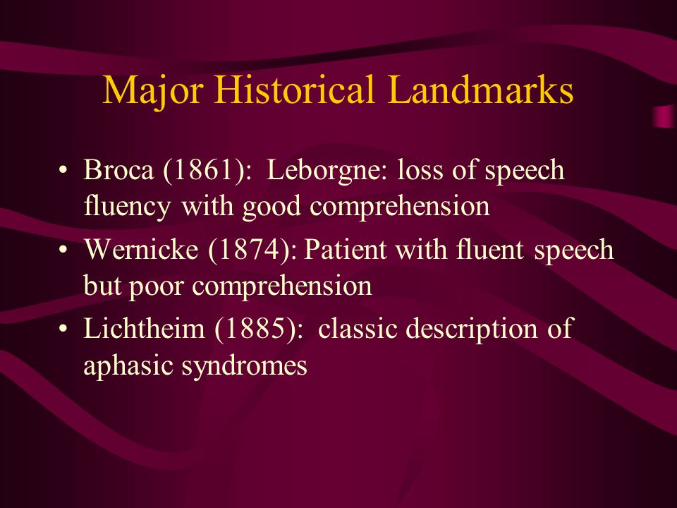 Major Historical Landmarks Broca (1861): Leborgne: loss of speech fluency with good comprehension Wernicke (1874): Patient with fluent speech but poor comprehension Lichtheim (1885): classic description of aphasic syndromes