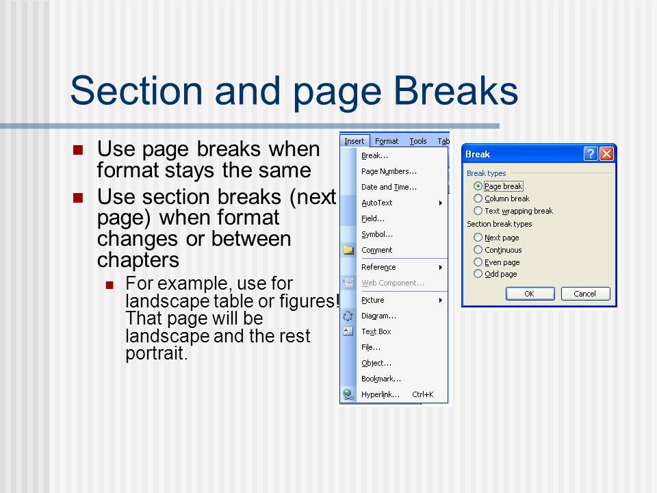 Section and page Breaks Use page breaks when format stays the same Use section breaks (next page) when format changes or between chapters For example, use for landscape table or figures.