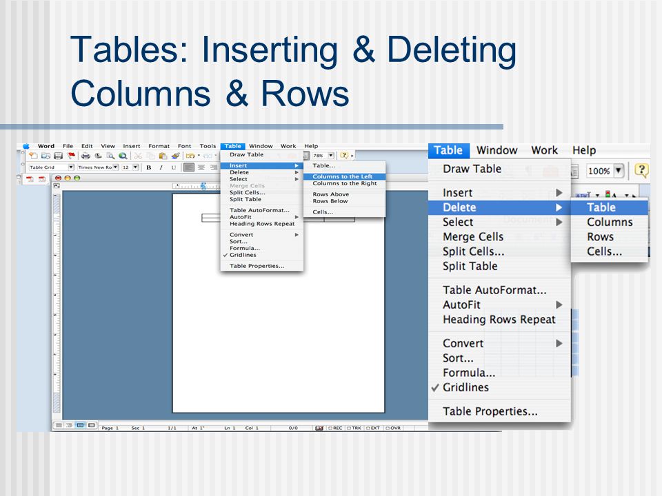 Tables: Inserting & Deleting Columns & Rows