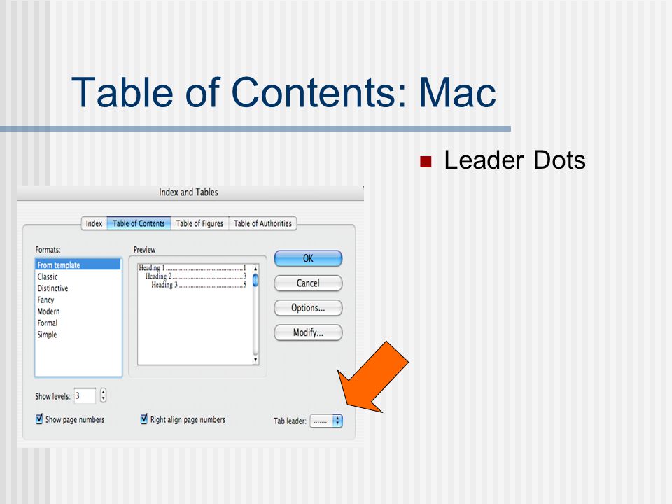 Table of Contents: Mac Leader Dots