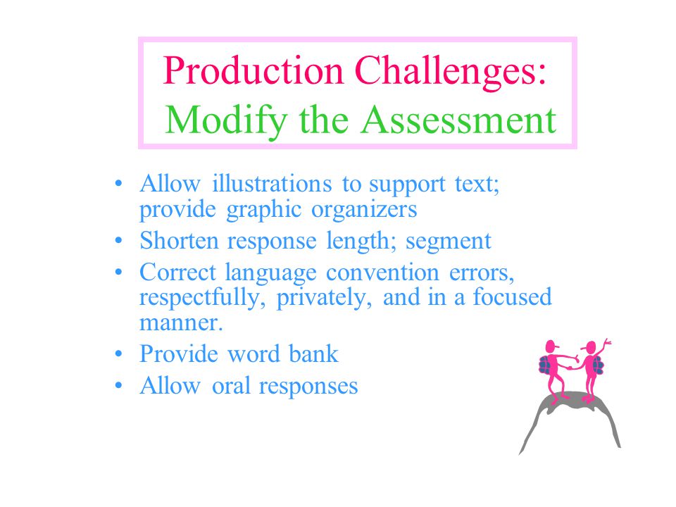 Production Challenges: Modify the Assessment Allow illustrations to support text; provide graphic organizers Shorten response length; segment Correct language convention errors, respectfully, privately, and in a focused manner.