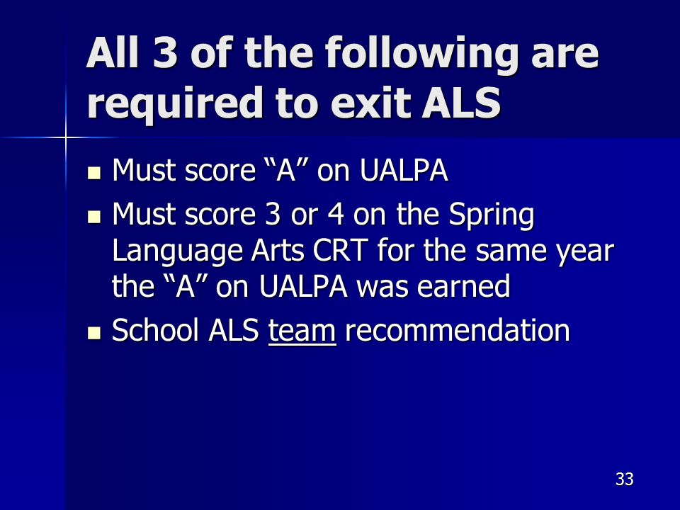 All 3 of the following are required to exit ALS Must score A on UALPA Must score A on UALPA Must score 3 or 4 on the Spring Language Arts CRT for the same year the A on UALPA was earned Must score 3 or 4 on the Spring Language Arts CRT for the same year the A on UALPA was earned School ALS team recommendation School ALS team recommendation 33