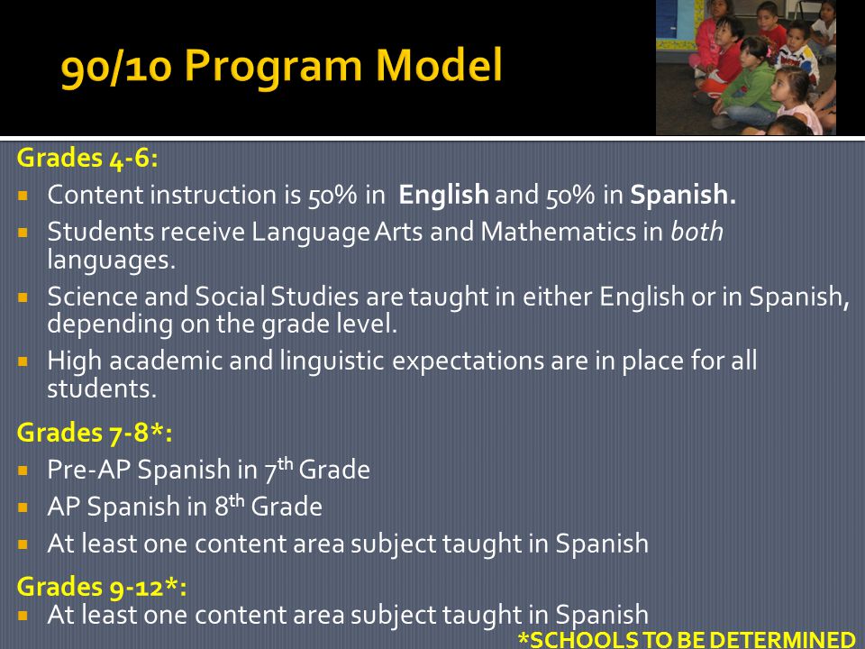 Grades 4-6:  Content instruction is 50% in English and 50% in Spanish.
