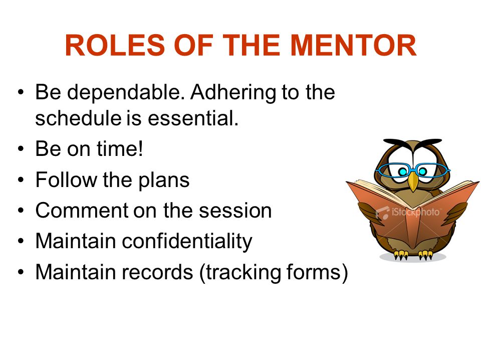 ROLES OF THE MENTOR Be dependable. Adhering to the schedule is essential.