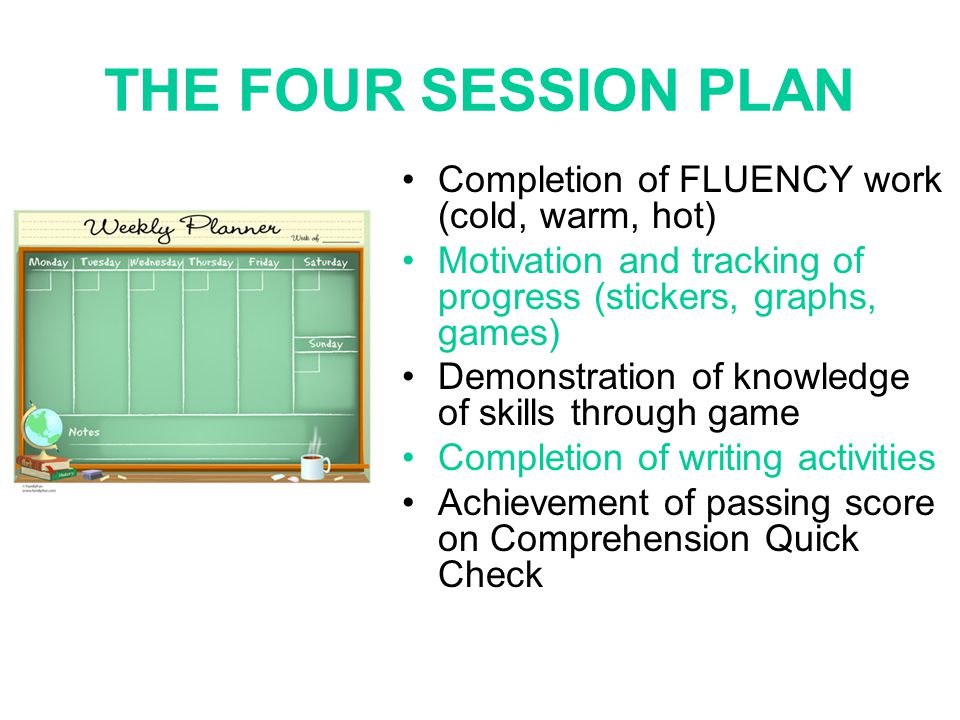 THE FOUR SESSION PLAN Completion of FLUENCY work (cold, warm, hot) Motivation and tracking of progress (stickers, graphs, games) Demonstration of knowledge of skills through game Completion of writing activities Achievement of passing score on Comprehension Quick Check