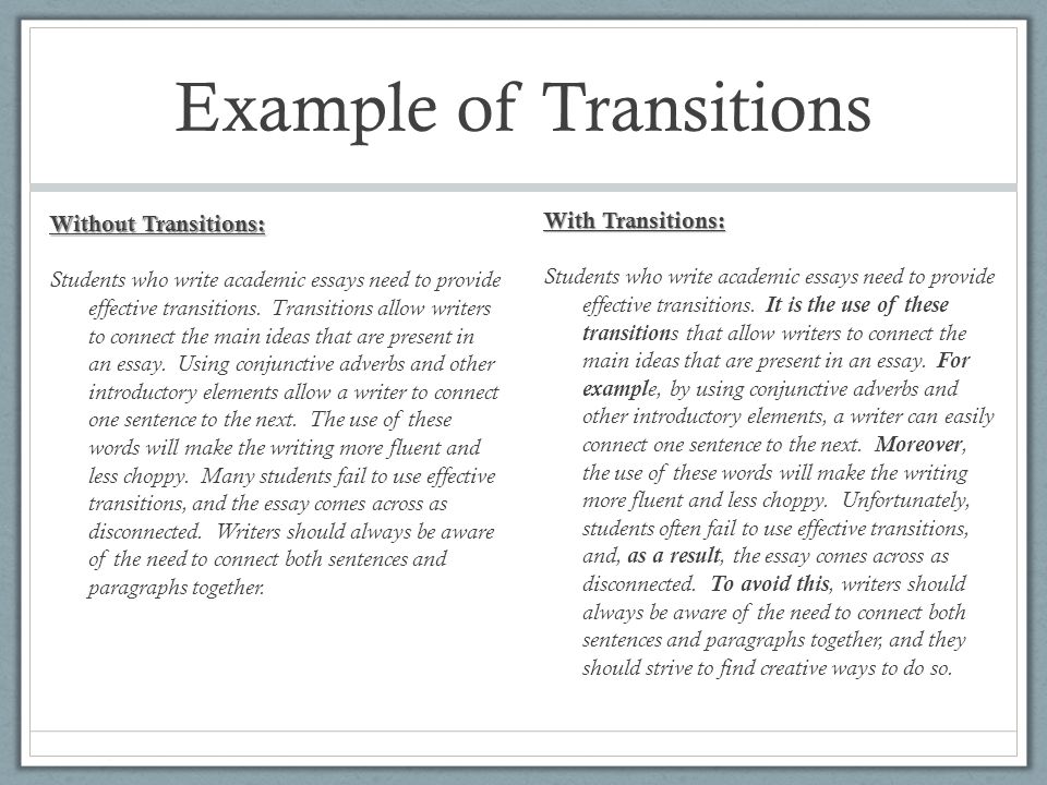 Example of Transitions Without Transitions: Students who write academic essays need to provide effective transitions.