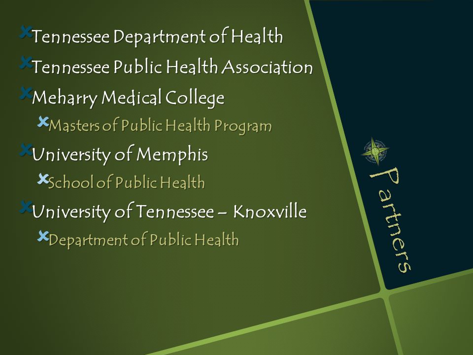 Partners  Tennessee Department of Health  Tennessee Public Health Association  Meharry Medical College  Masters of Public Health Program  University of Memphis  School of Public Health  University of Tennessee – Knoxville  Department of Public Health