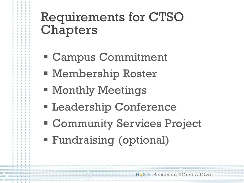 HISD Becoming #GreatAllOver  Campus Commitment  Membership Roster  Monthly Meetings  Leadership Conference  Community Services Project  Fundraising (optional) Requirements for CTSO Chapters
