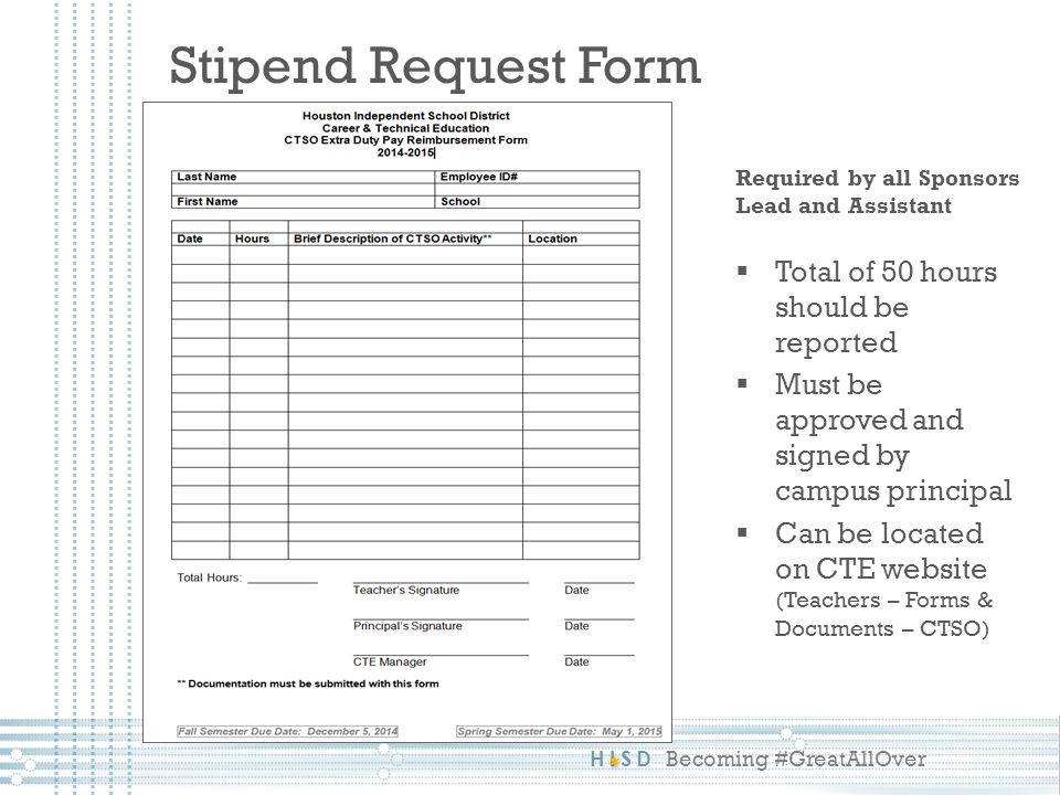 HISD Becoming #GreatAllOver Stipend Request Form Required by all Sponsors Lead and Assistant  Total of 50 hours should be reported  Must be approved and signed by campus principal  Can be located on CTE website (Teachers – Forms & Documents – CTSO)