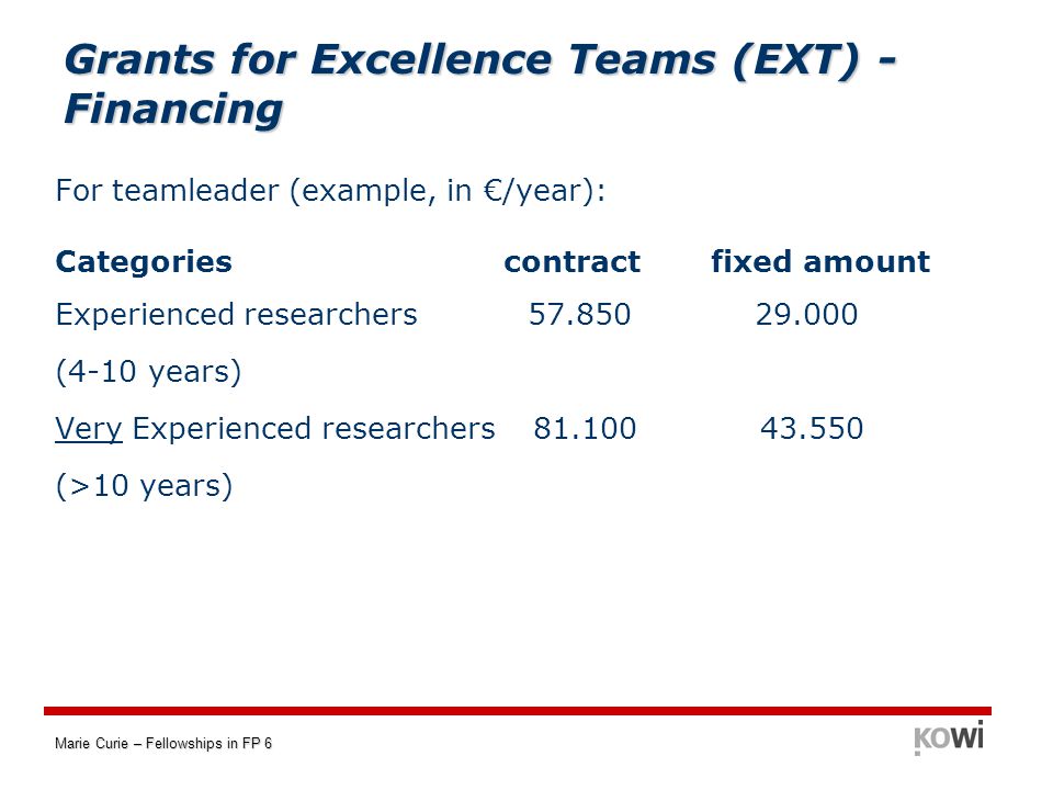 Marie Curie – Fellowships in FP 6 Grants for Excellence Teams (EXT) - Financing For teamleader (example, in €/year): Categories contract fixed amount Experienced researchers (4-10 years) Very Experienced researchers (>10 years)