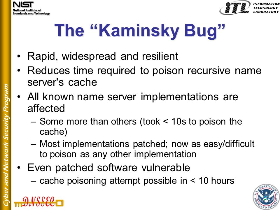 Cyber and Network Security Program The Kaminsky Bug Rapid, widespread and resilient Reduces time required to poison recursive name server s cache All known name server implementations are affected –Some more than others (took < 10s to poison the cache) –Most implementations patched; now as easy/difficult to poison as any other implementation Even patched software vulnerable –cache poisoning attempt possible in < 10 hours